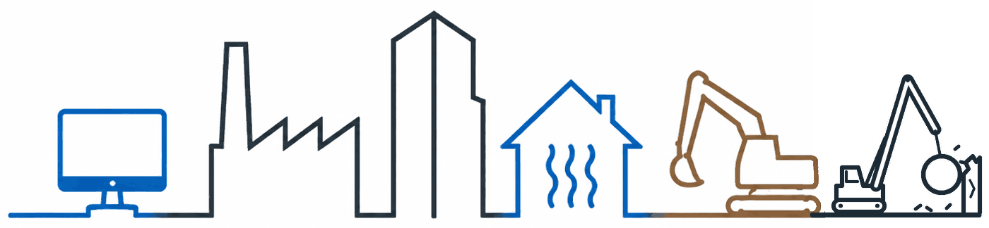 Illustration du logo Servitech : ordinateur, bâtiments, maison chauffée, pelleteuse et boule de démolition